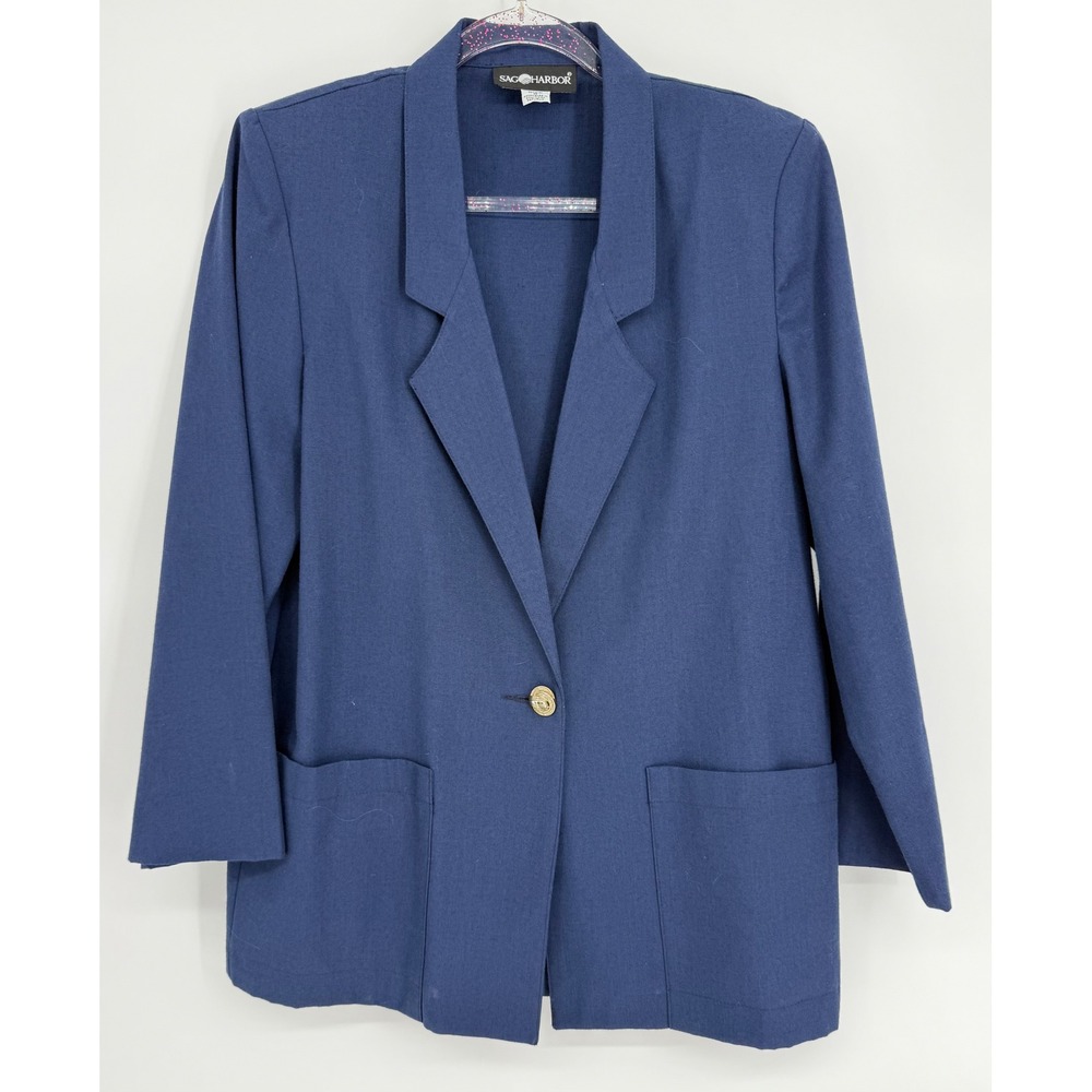 Sag Harbor Navy Blue Single Button Blazer Jacket Womens Shoulder Pads Sz 8